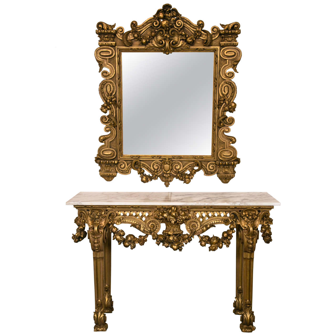 Marble Top Console Table with Matching Mirror by Maison Jansen Finely Carved  