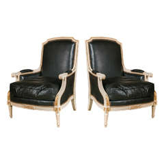 Pair of Leather Louis XVI Style Bergeres Attributed to Jansen