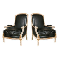 Pair of Leather Louis XVI Style Bergeres Attributed to Jansen