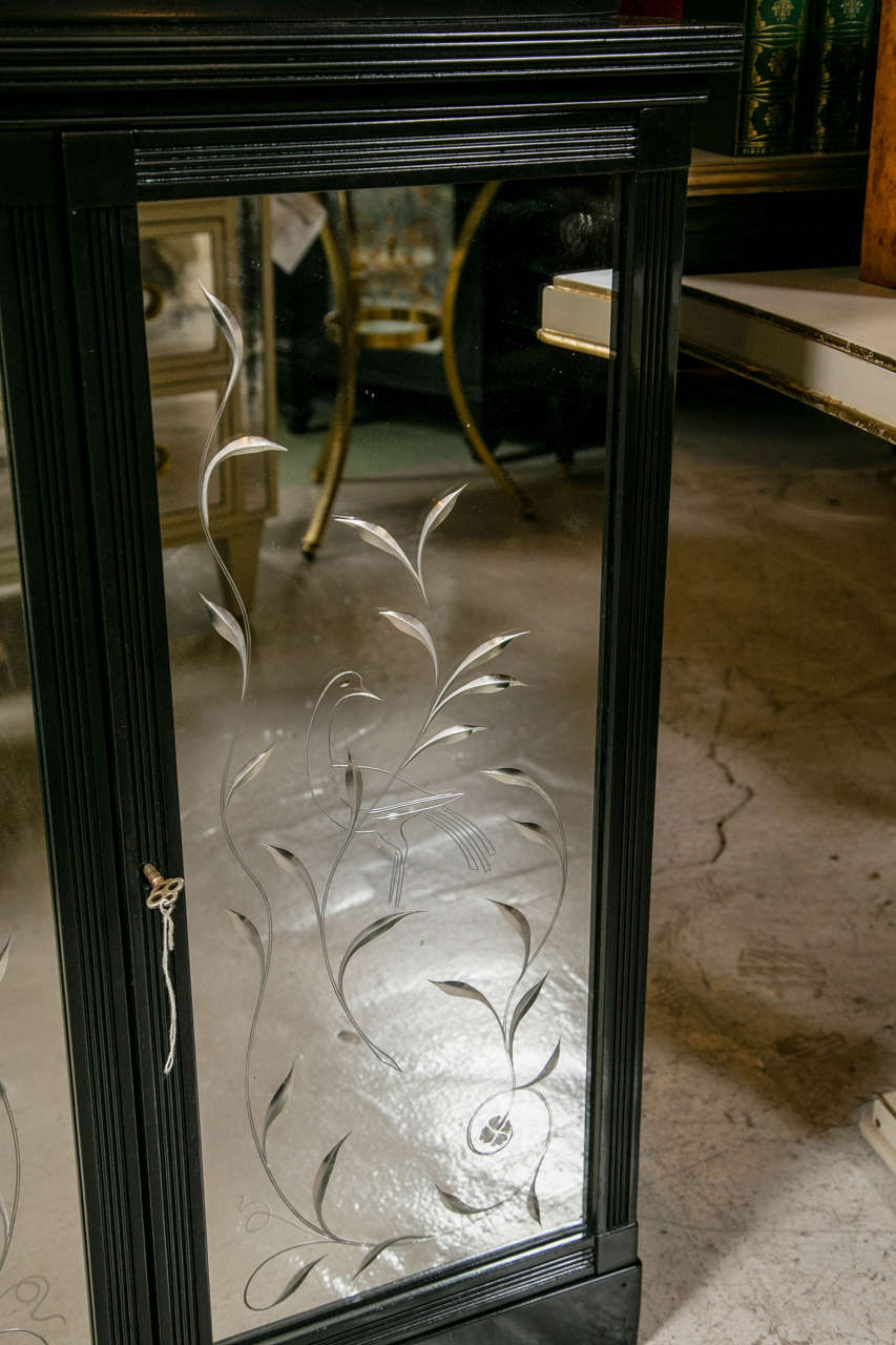 Mid-20th Century Pair of Etched Detailed Mirror Ebonized Dome Bookcase Etagere Cabinets 