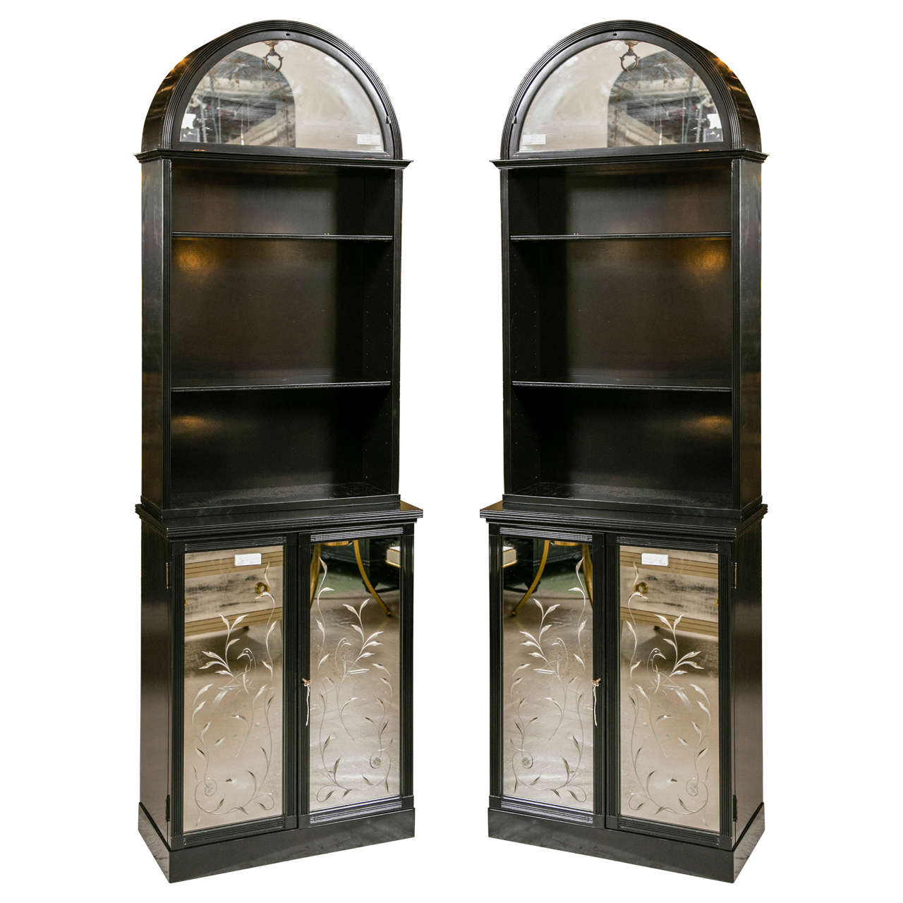 Pair of Etched Detailed Mirror Ebonized Dome Bookcase Etagere Cabinets 