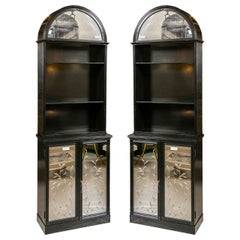 Pair of Etched Detailed Mirror Ebonized Dome Bookcase Etagere Cabinets