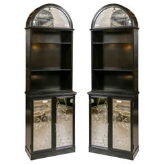 Vintage Pair of Etched Detailed Mirror Ebonized Dome Bookcase Etagere Cabinets 