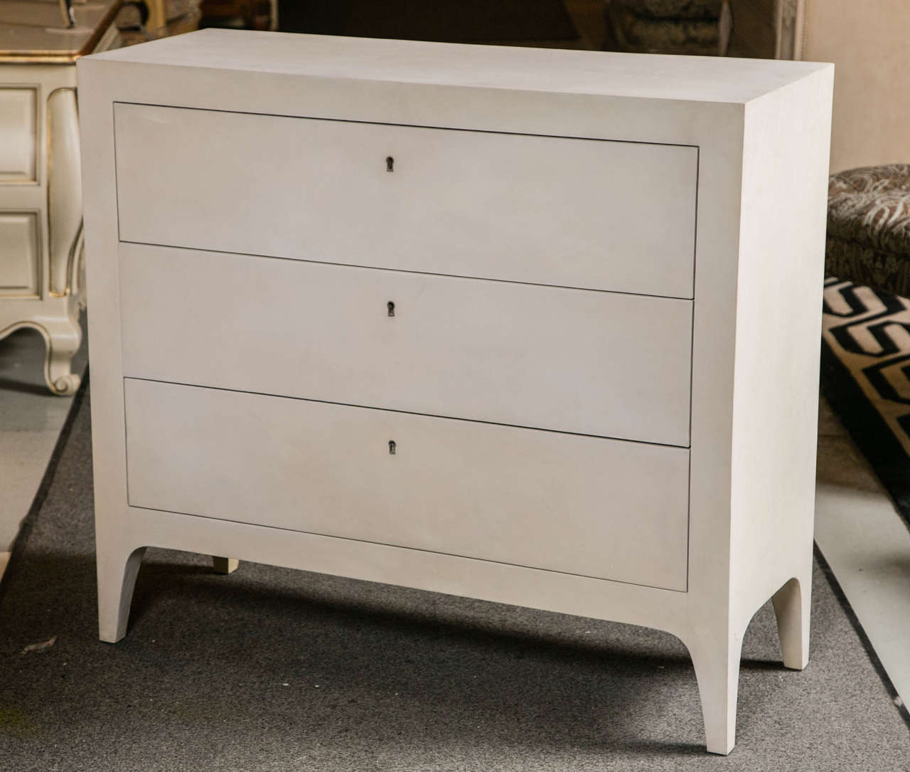 Pair of Goatskin Parchment Handmade ThreeDrawer Nightstands or