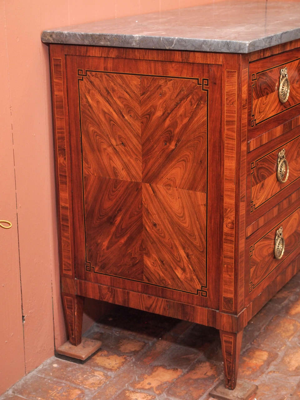 Fine French Directoire Marquetry Commode with Grey Marble Top In Good Condition In New Orleans, LA