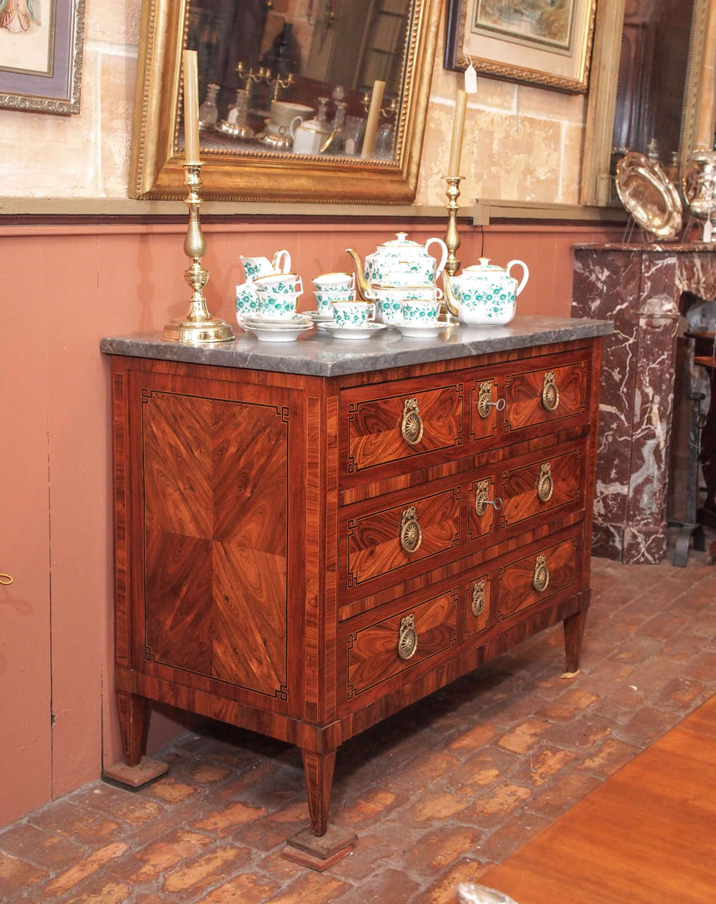 Fine French Directoire Marquetry Commode with Grey Marble Top 4