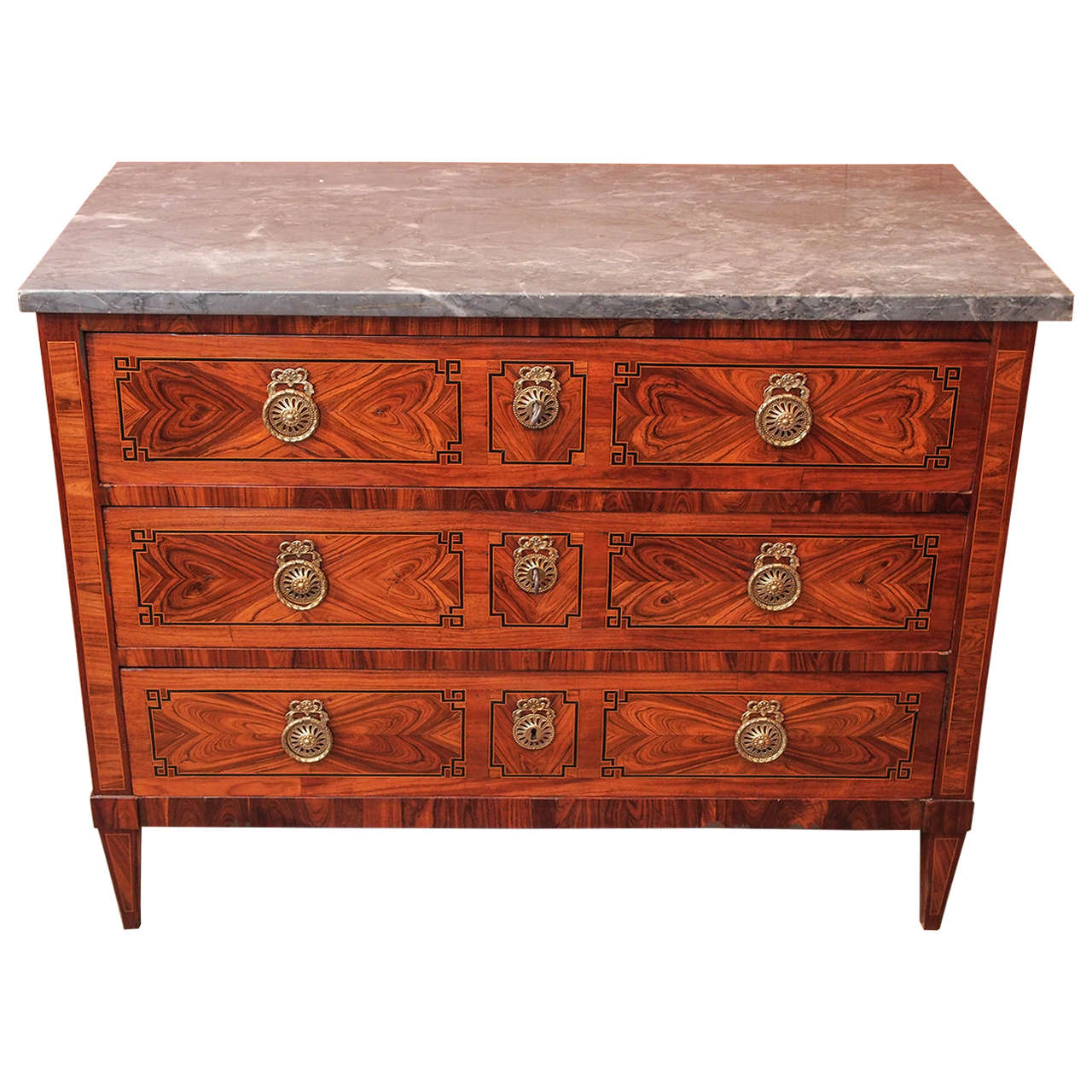 Fine French Directoire Marquetry Commode with Grey Marble Top