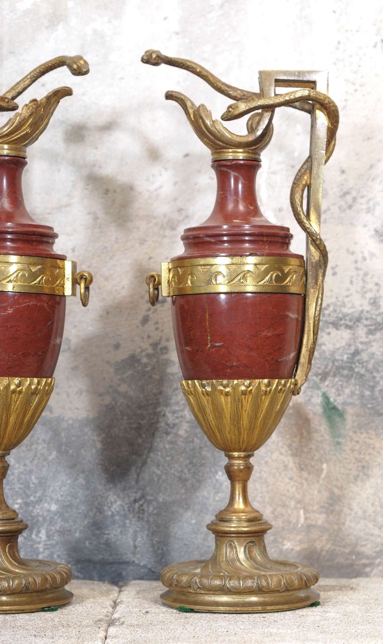 Neoclassical Pair of French Neo-Classical Style Marble and Bronze Dore Ewers