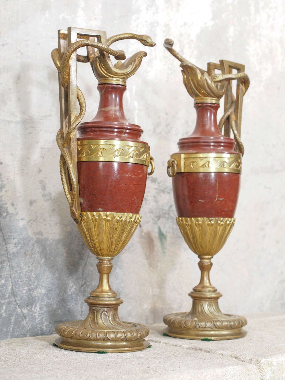 Pair of French Neo-Classical Style Marble and Bronze Dore Ewers 3