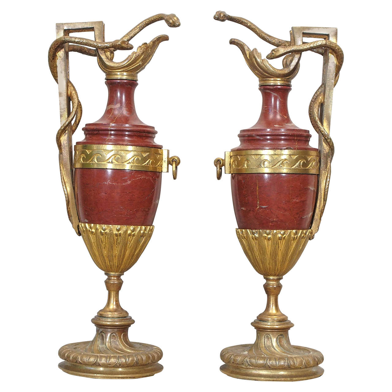 Pair of French Neo-Classical Style Marble and Bronze Dore Ewers