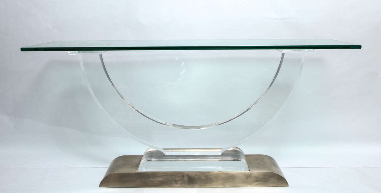 Mid-Century Modern 1970s Architectural Modernist Glass Top Console in Lucite and Bronze