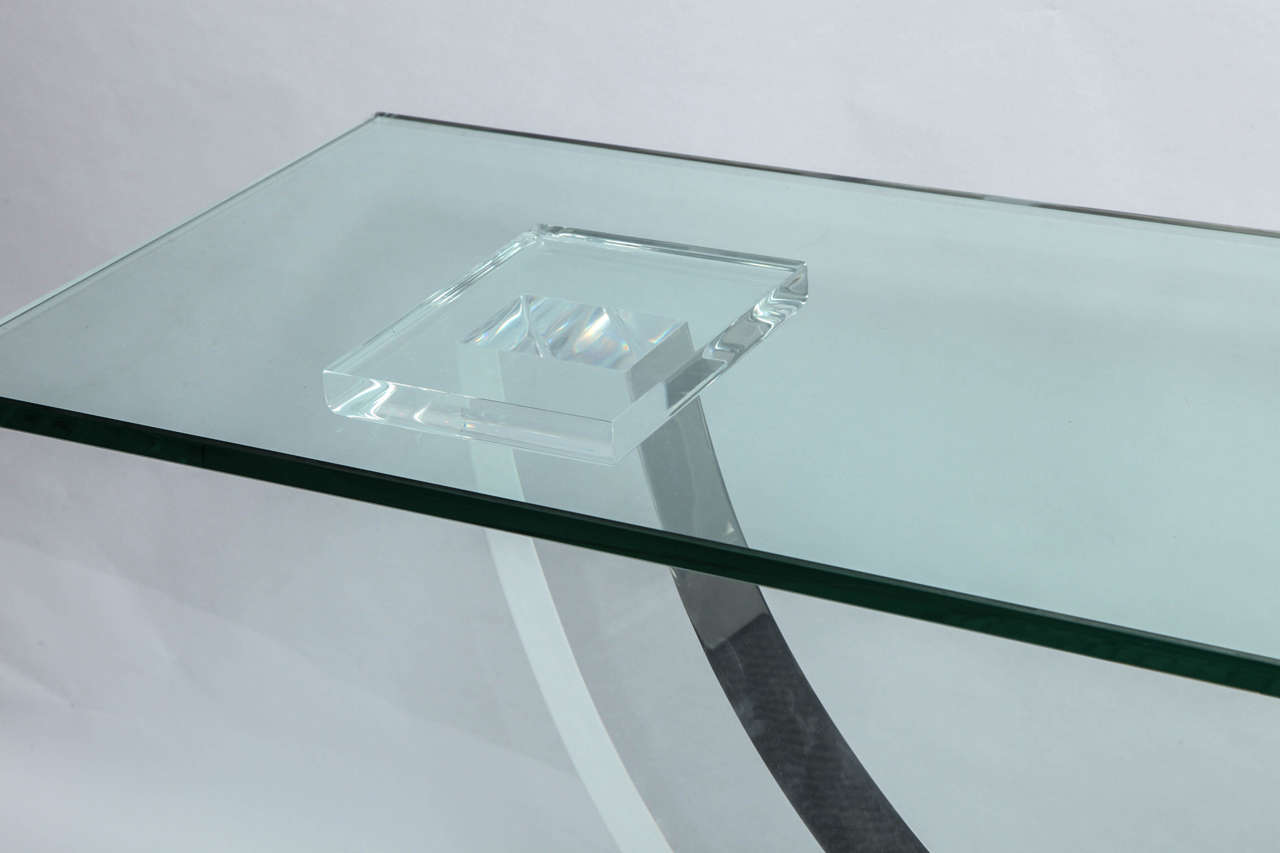 1970s Architectural Modernist Glass Top Console in Lucite and Bronze 4