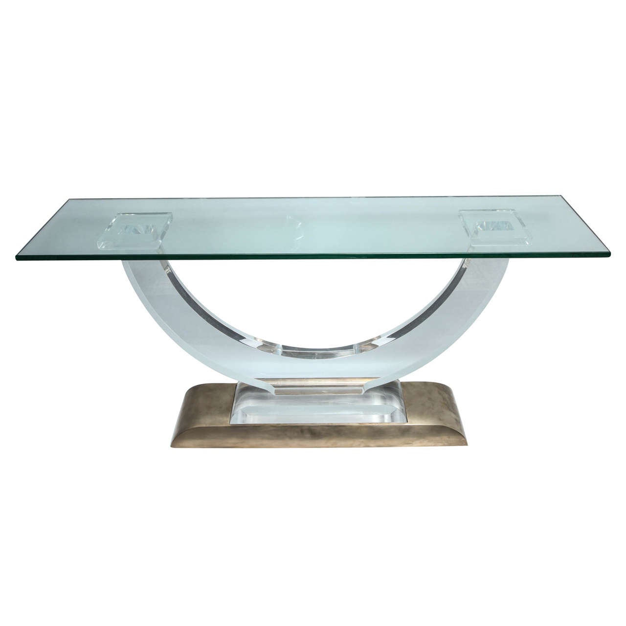 1970s Architectural Modernist Glass Top Console in Lucite and Bronze