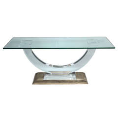 1970s Architectural Modernist Glass Top Console in Lucite and Bronze