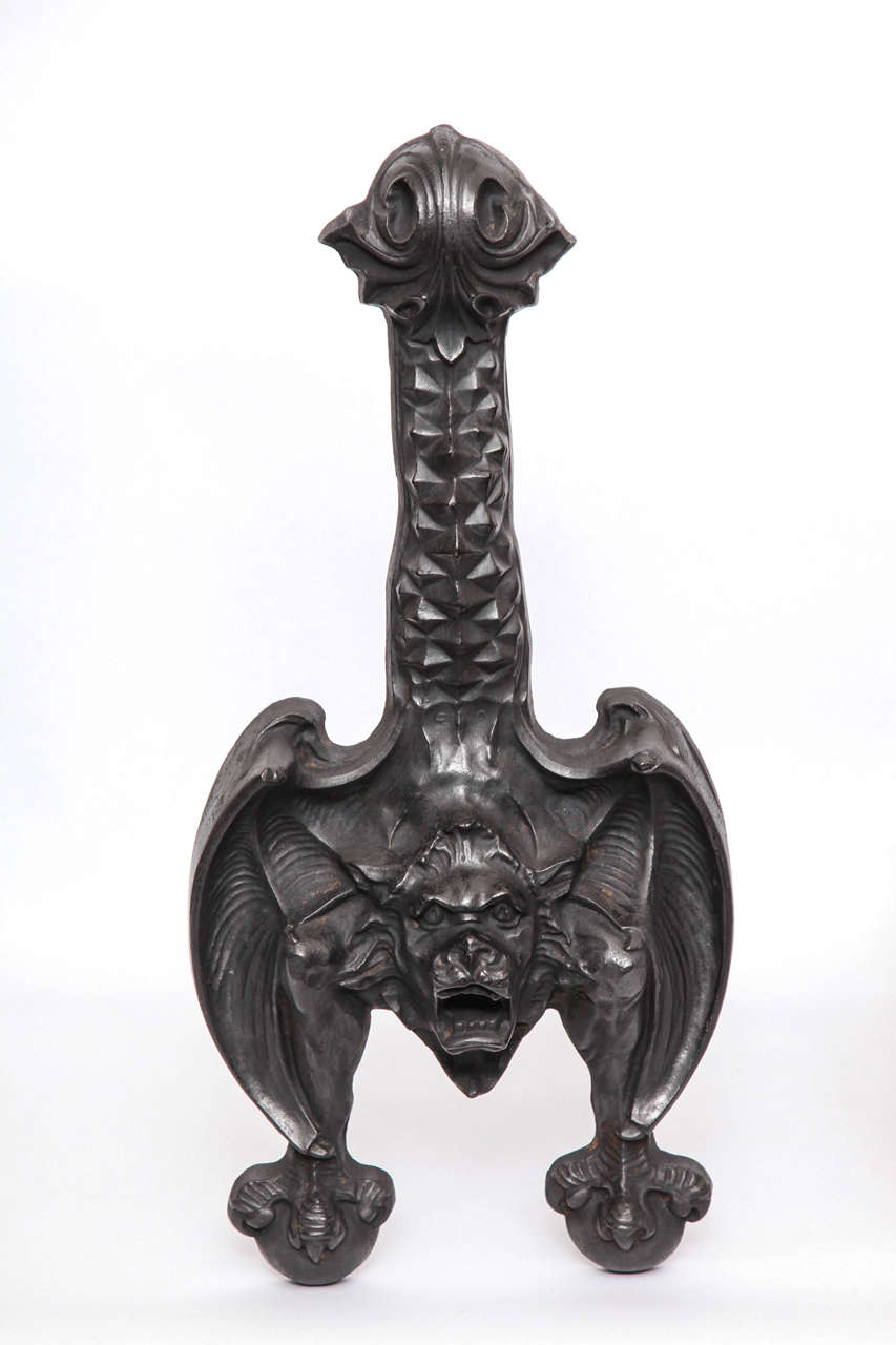 Arts and Crafts Pair of 1920s Stylized Bat Andirons