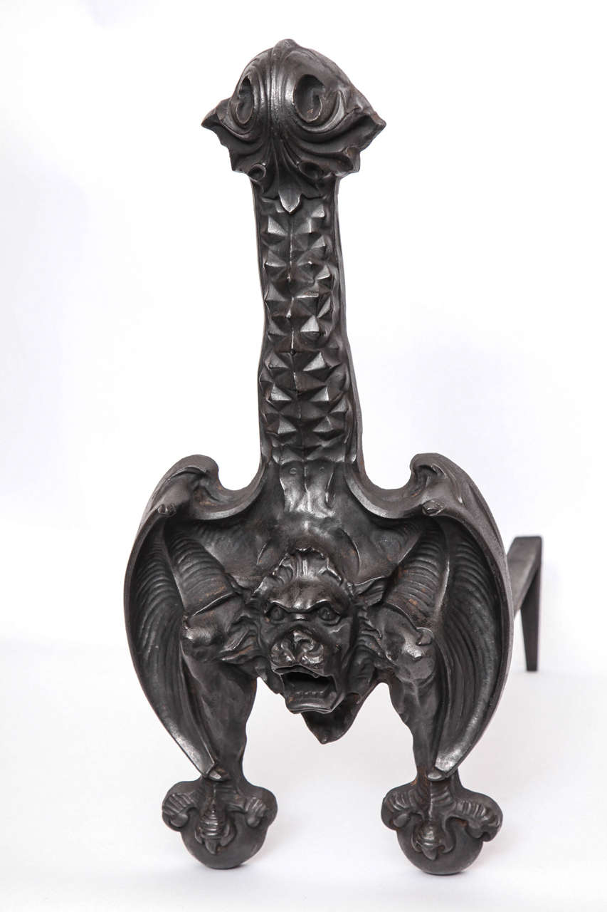 Blackened Pair of 1920s Stylized Bat Andirons