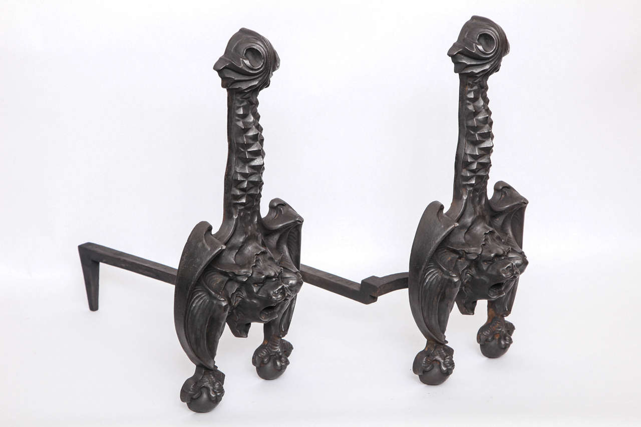 Pair of 1920s Stylized Bat Andirons 1