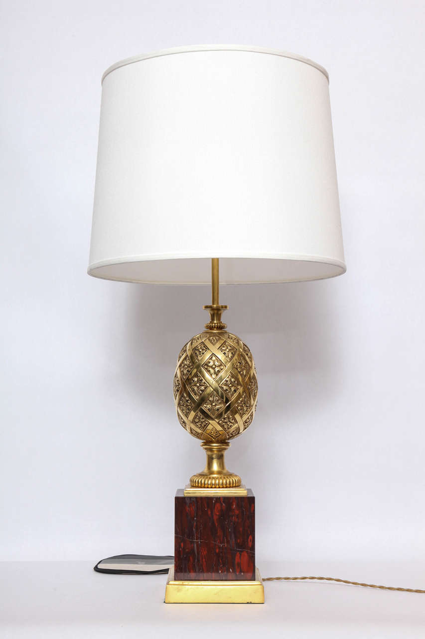 Mid-Century Modern Pair of French Art Moderne Gilt Bronze and Marble Table Lamps
