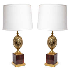 Pair of French Art Moderne Gilt Bronze and Marble Table Lamps