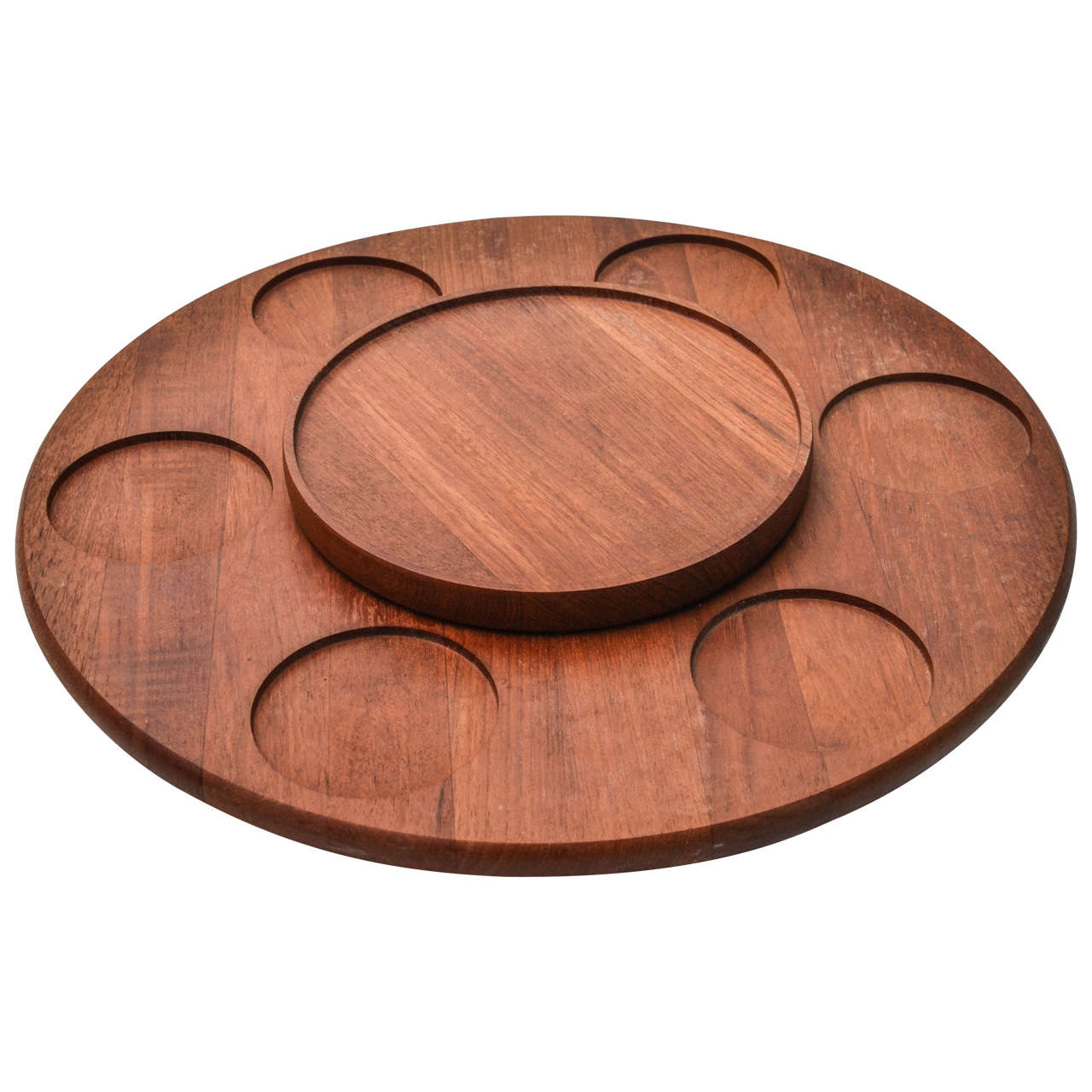 Danish Teak "Lazy Susan" with Original Stainless Steel Condiment Dishes