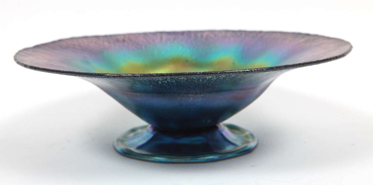 Midcentury Tiffany blue iridescent Aurene compote bowl with original price tag from Marshall Fields. Signed. The base measurement is 5.5 inches.