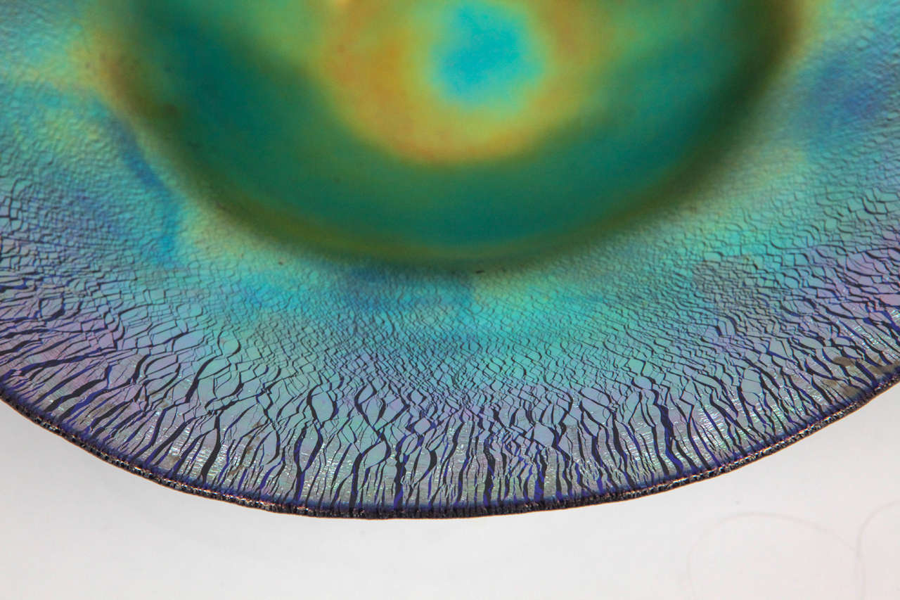 Midcentury Tiffany Blue Iridescent Aurene Compote Bowl In Excellent Condition In Los Angeles, CA