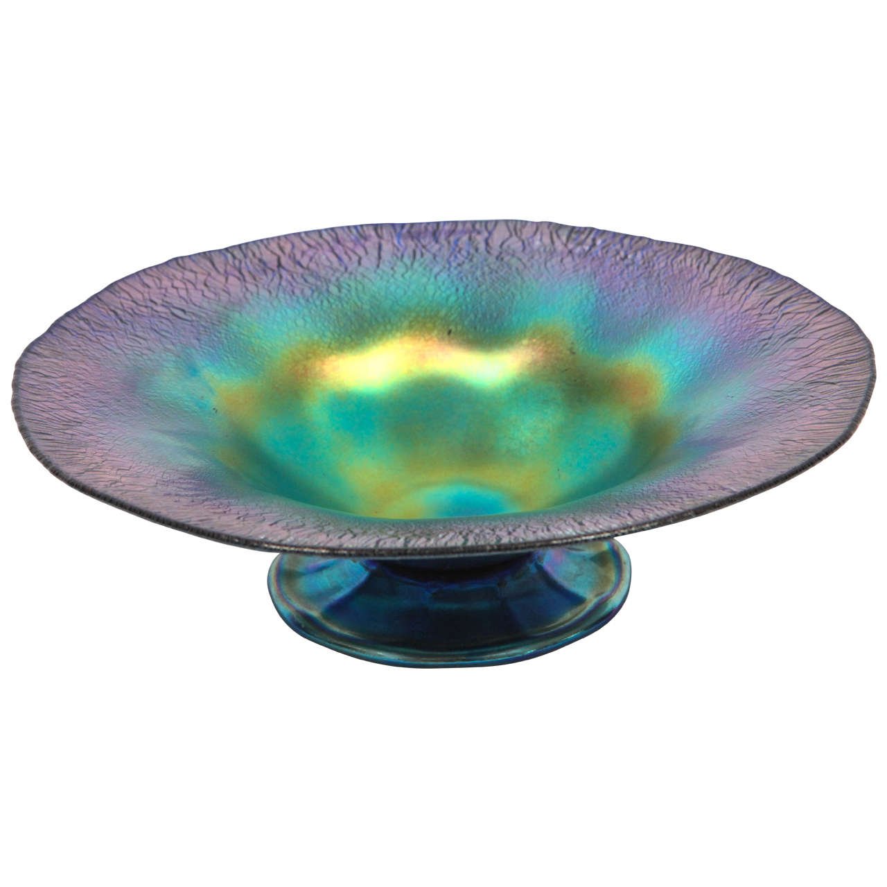 Midcentury Tiffany Blue Iridescent Aurene Compote Bowl