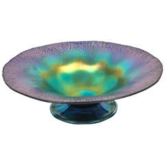 Midcentury Tiffany Blue Iridescent Aurene Compote Bowl