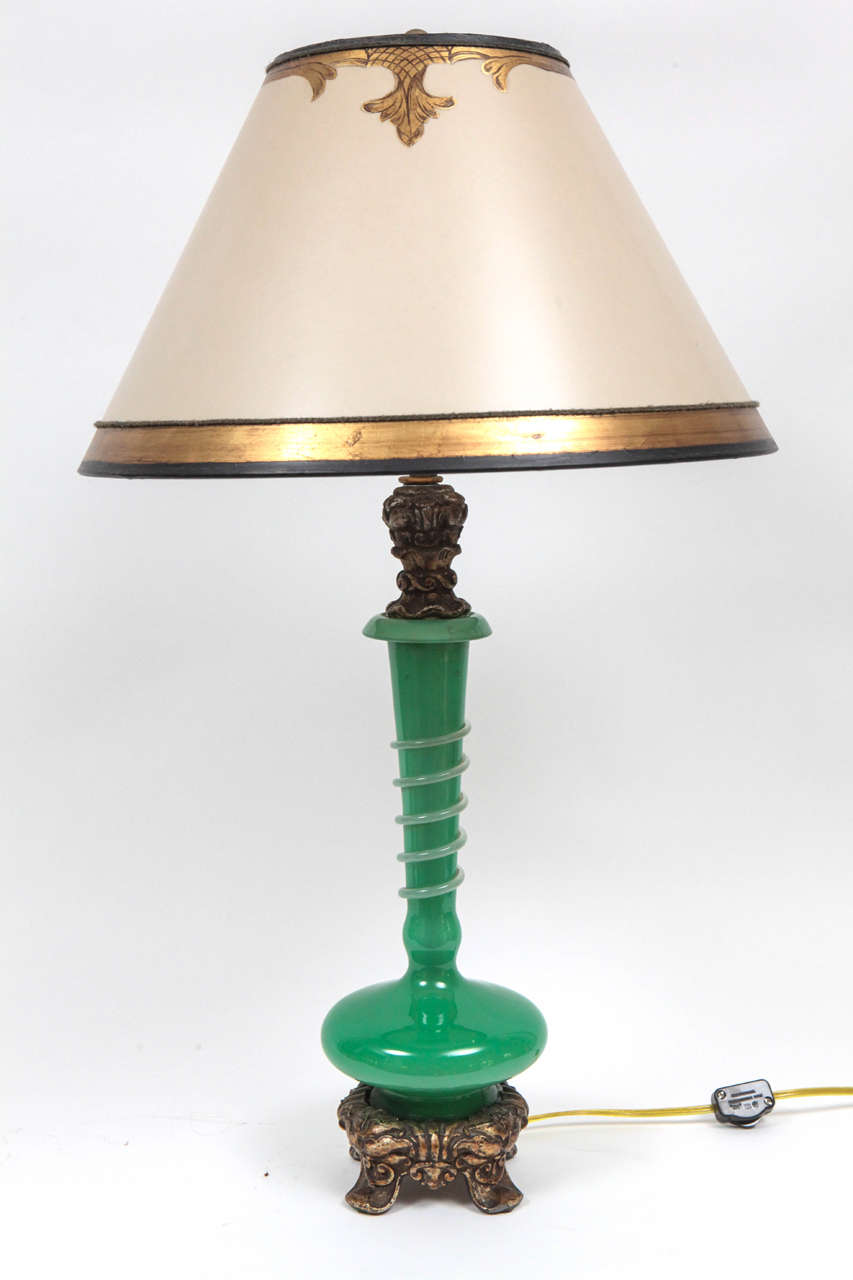 Paire de lampes Steuben des années 1940 à pomme verte et monture en bronze. La mesure de la base est de 4 pouces. Les abat-jour sont inclus et sont fabriqués à la main en papier parchemin. Ils sont dorés et décorés à la main. Les lampes ont été