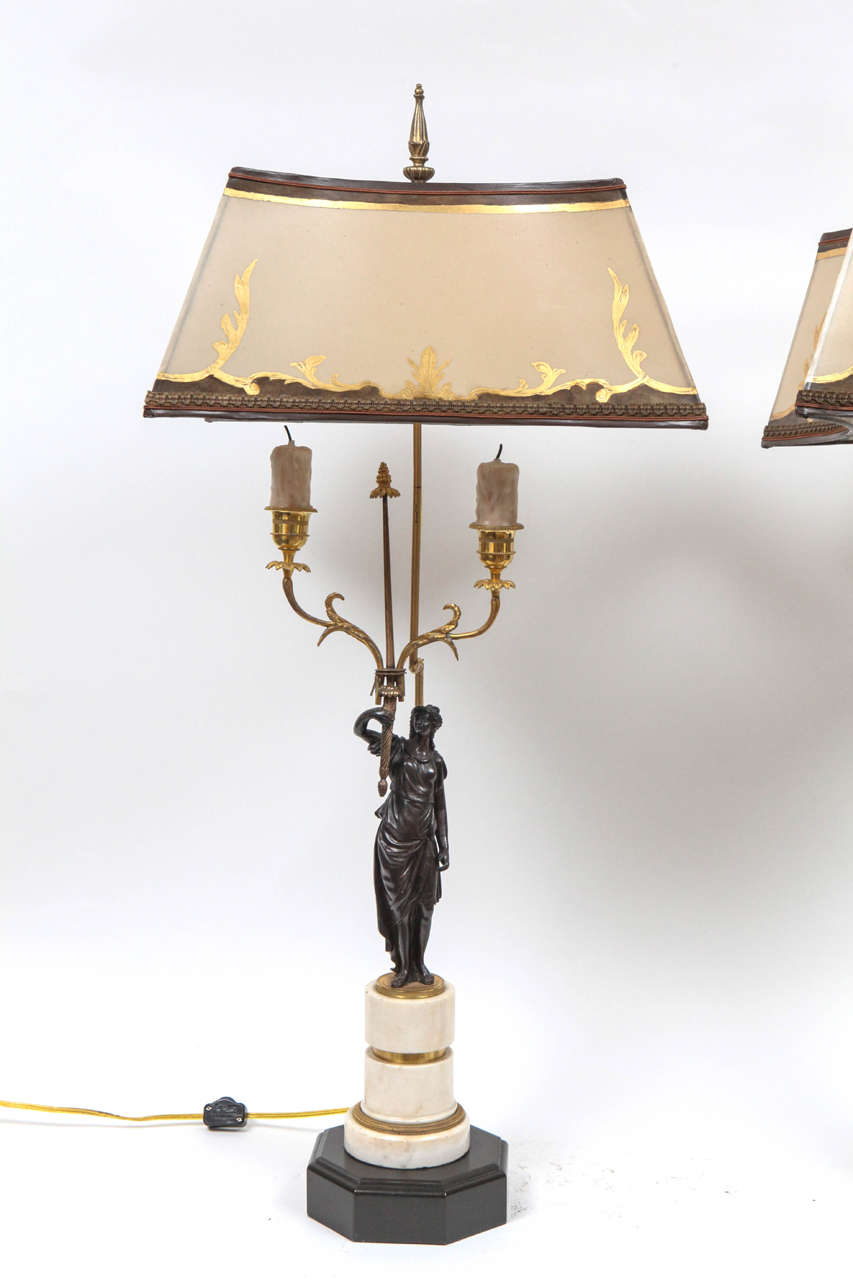 Pair of 19th Century French Marble and Bronze Candlestick Lamps In Good Condition For Sale In Los Angeles, CA