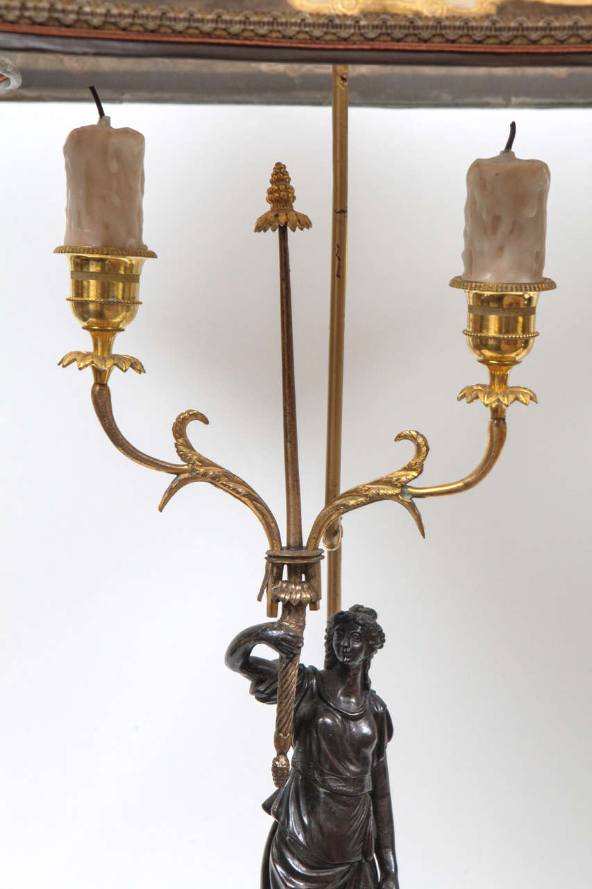 Pair of 19th Century French Marble and Bronze Candlestick Lamps For Sale 2