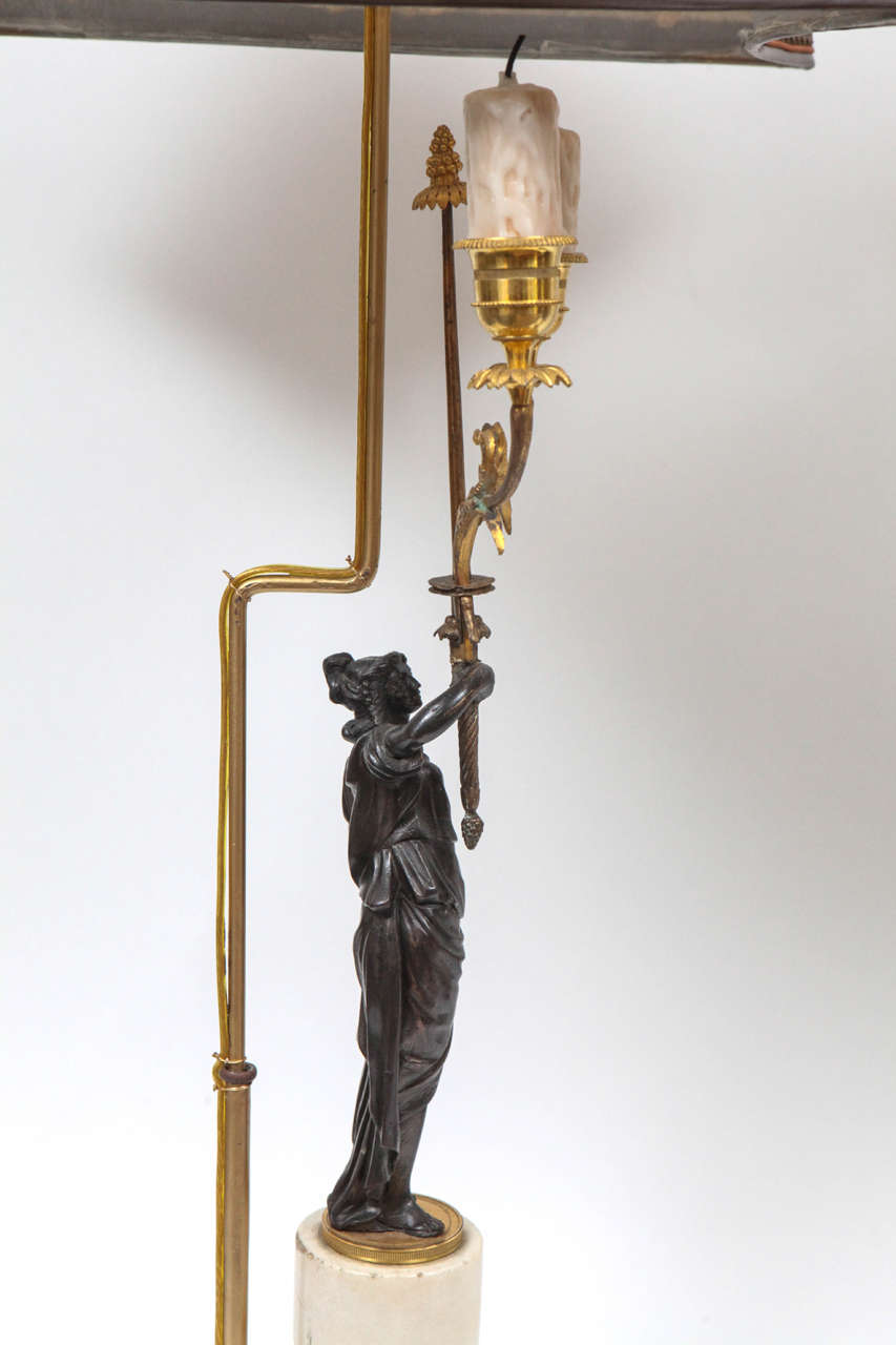 Pair of 19th Century French Marble and Bronze Candlestick Lamps For Sale 5