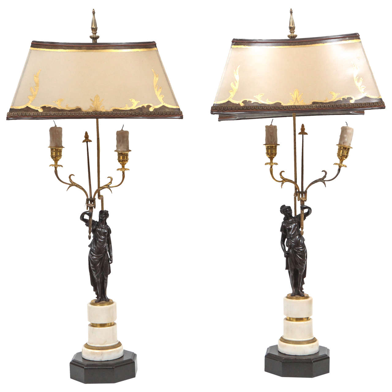 Pair of 19th Century French Marble and Bronze Candlestick Lamps