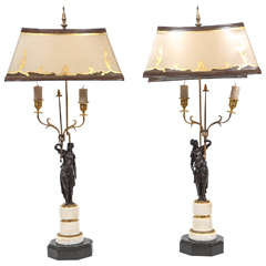 Pair of 19th Century French Marble and Bronze Candlestick Lamps
