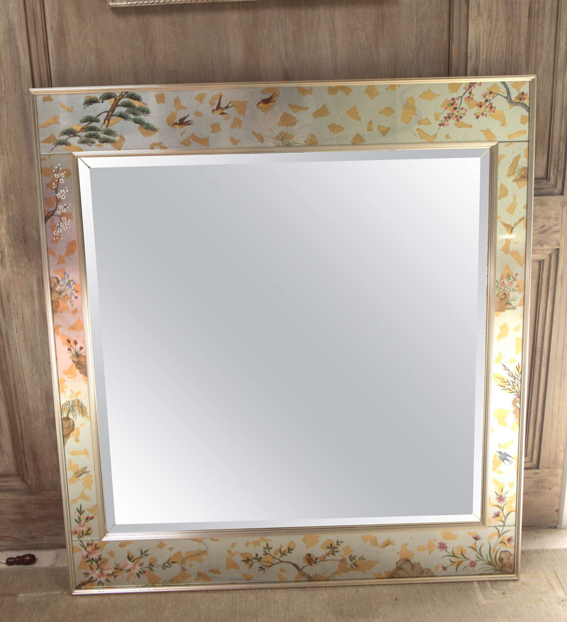 1980's La Barge Eglomise Mirror with Chinoiserie and Hand Painted Frame Details.