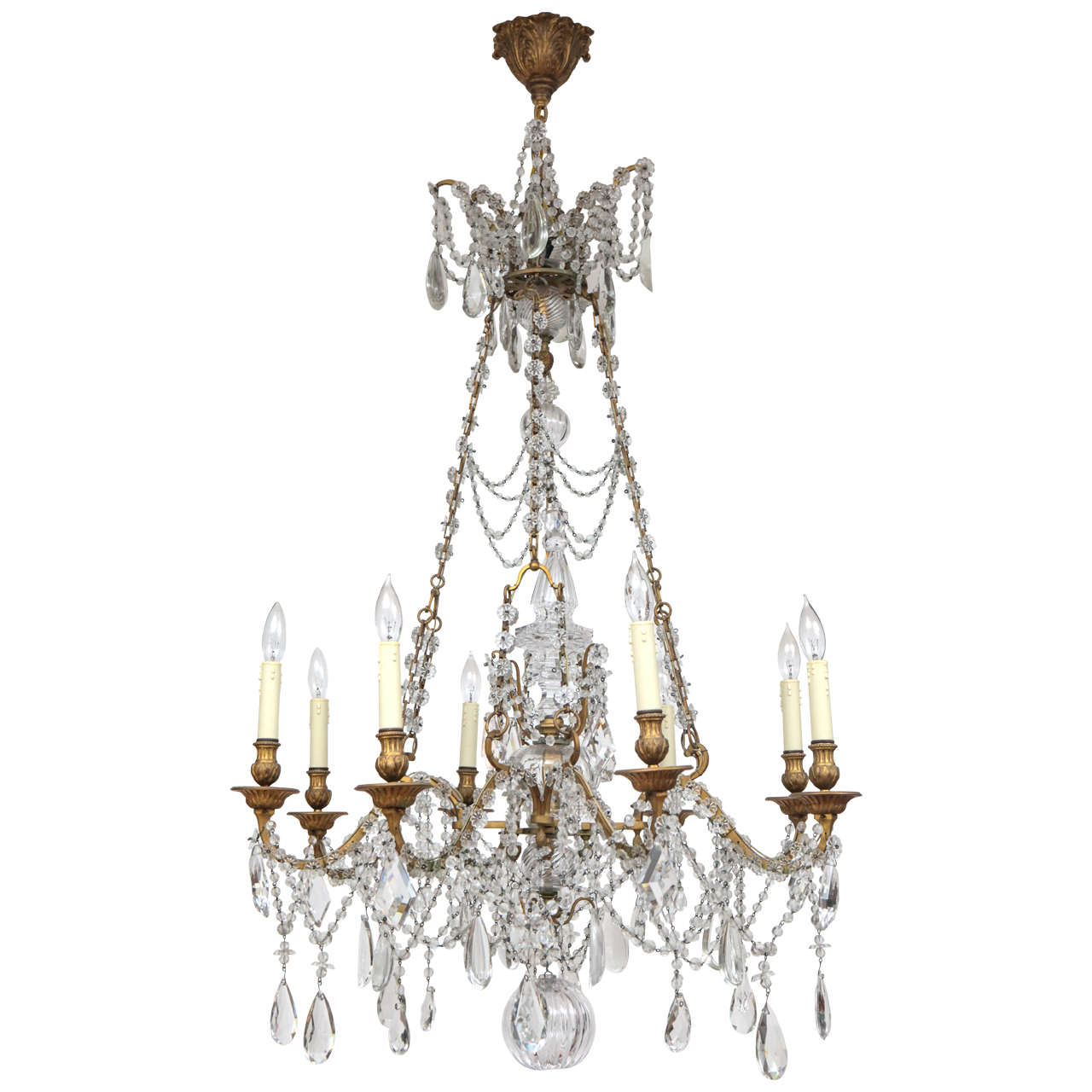 19th Century French Doré Bronze and Crystal Chandelier For Sale