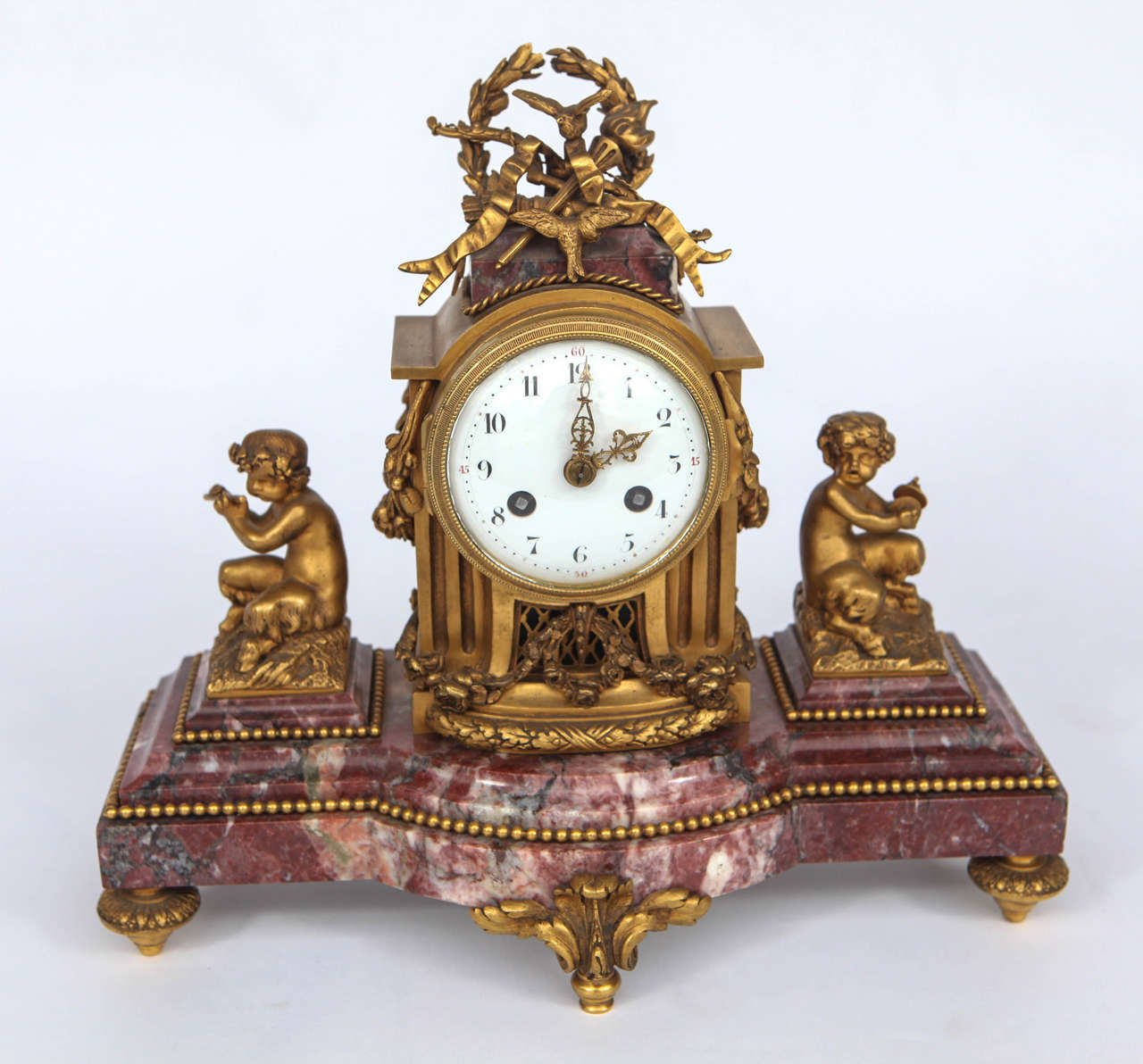 19th c. French Dore Bronze and Specimen Marble Clock