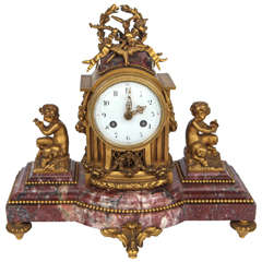 19th c. French Dore Bronze and Specimen Marble Clock