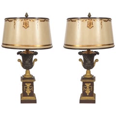 Pair of 19th Century French Empire Bronze Urn Lamps