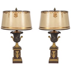 Pair of 19th Century French Empire Bronze Urn Lamps