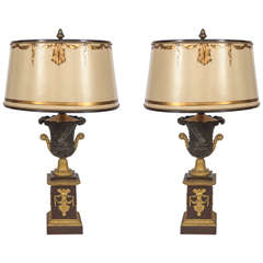 Pair of 19th Century French Empire Bronze Urn Lamps