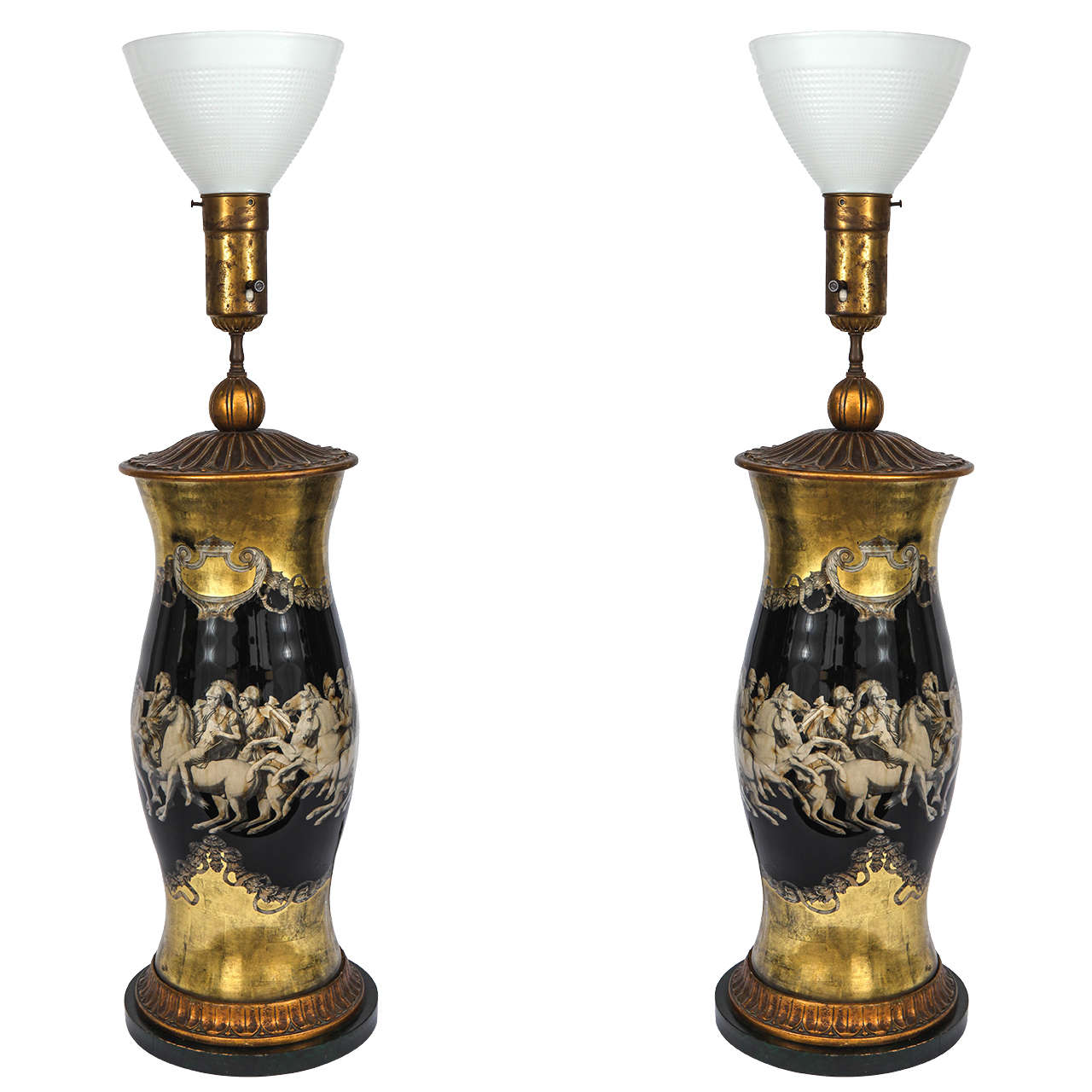 Pair of Vintage Fornasetti Glass and Decoupage Lamps