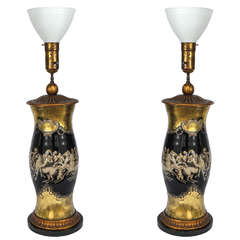 Pair of Vintage Fornasetti Glass and Decoupage Lamps