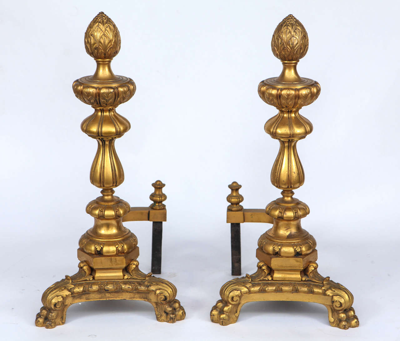 Pair of very fine late 19th century, French doré bronze andirons.