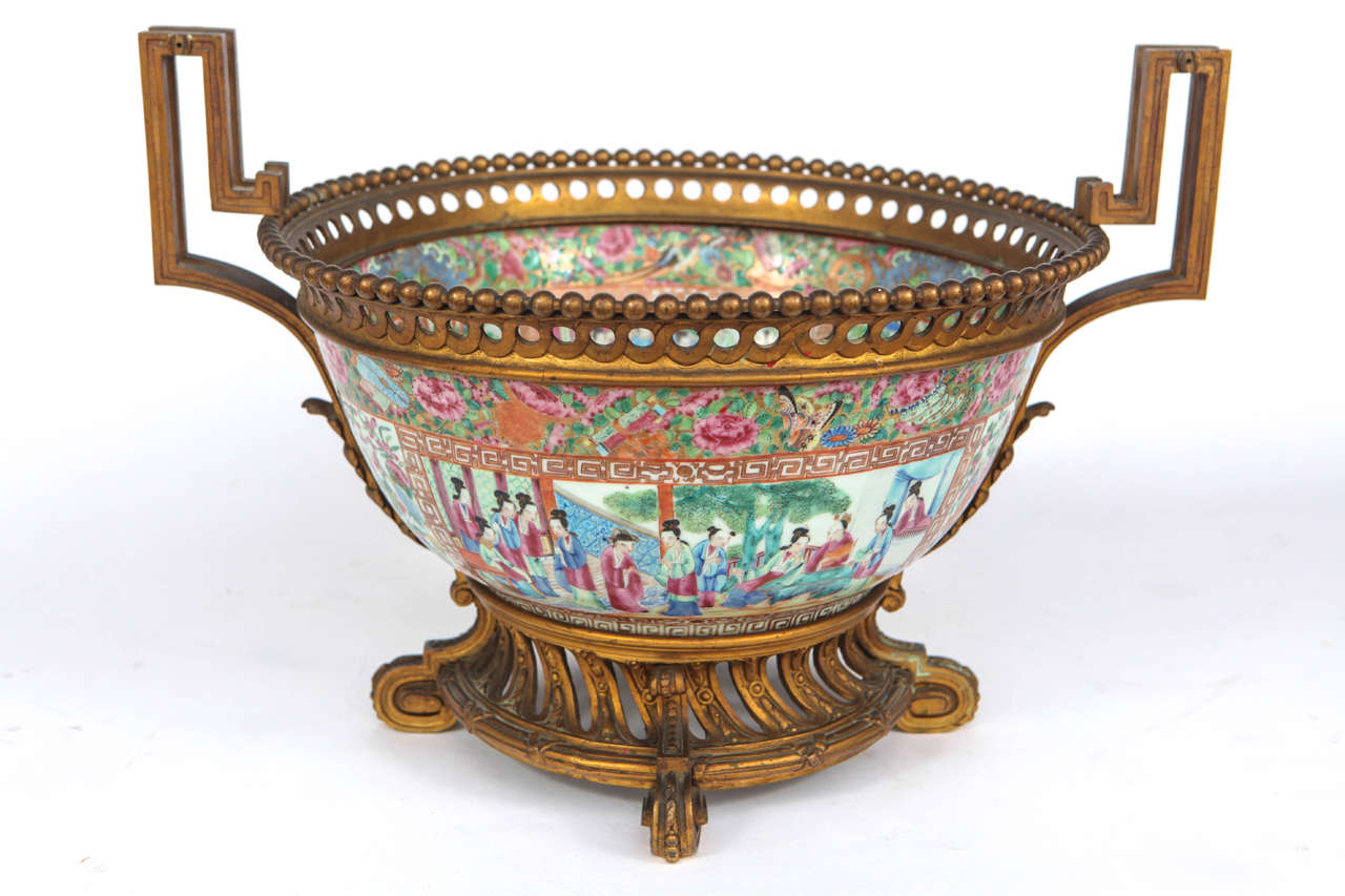 19th century rose medallion bowl with very fine French bronze mounts. Mandarin period.