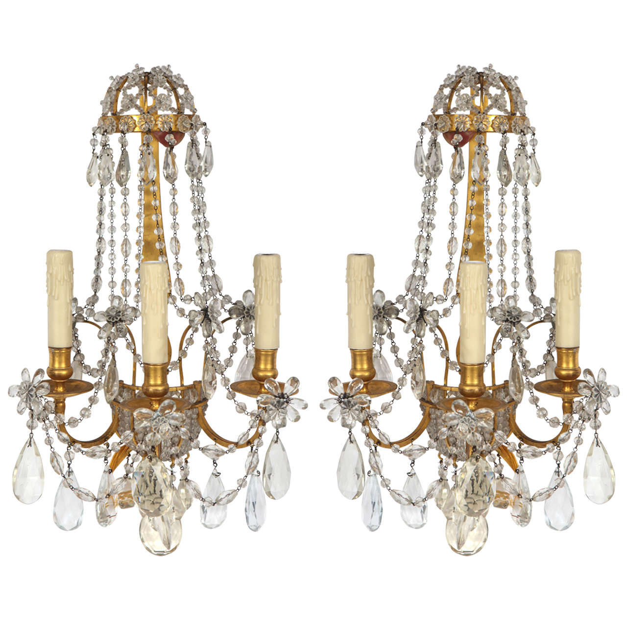 Pair of 1900s French Doré Bronze and Crystal Sconces For Sale