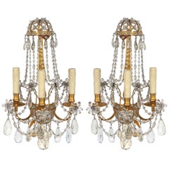 Pair of 1900s French Doré Bronze and Crystal Sconces