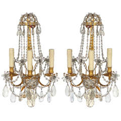 Pair of 1900s French Doré Bronze and Crystal Sconces 1