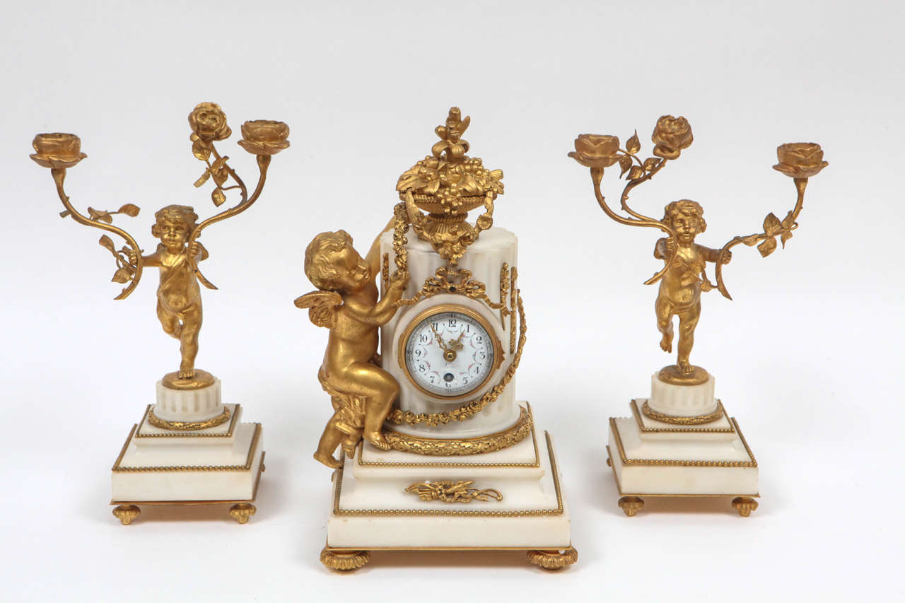 19th Century French Bronze and Marble Clock Set