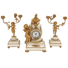 19th Century French Bronze and Marble Clock Set